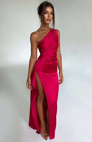 Zarina | Asymmetric Evening Maxi Dress - Red