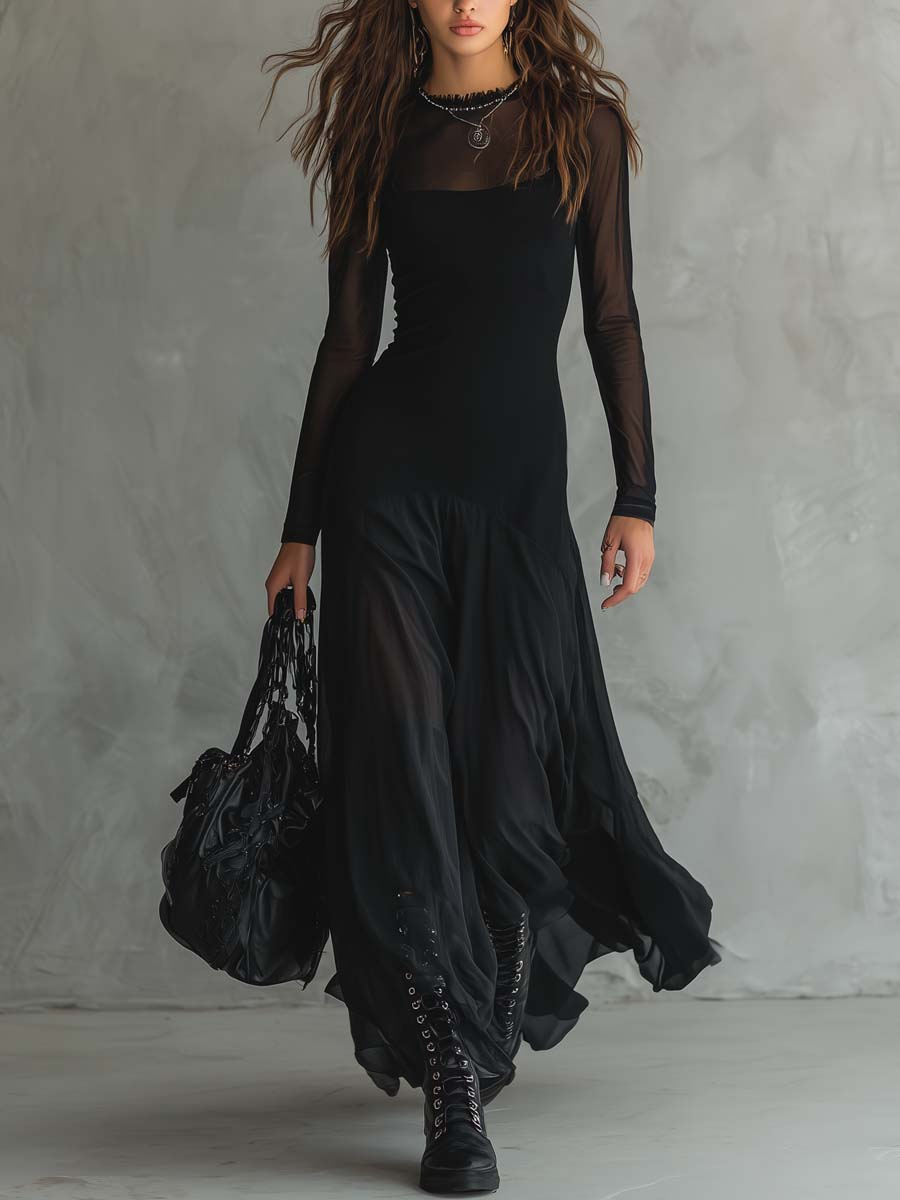 Neroa · Black Tulle Loose-fit Maxi Dress)