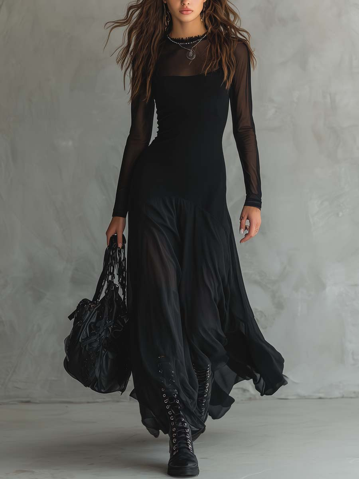 Neroa · Black Tulle Loose-fit Maxi Dress)