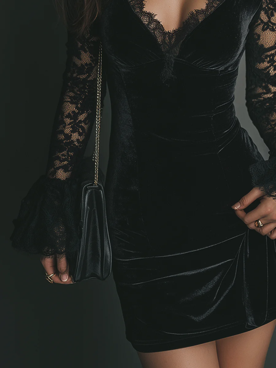 Orinthia – Velvet Mini Dress with Lace