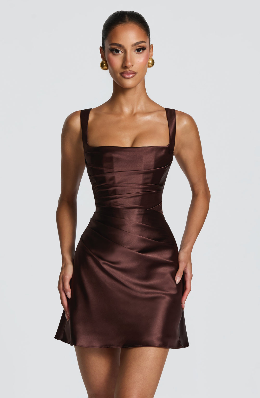 Calanthe | Satin Mini Dress - Plum Brown