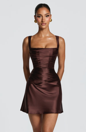 Calanthe | Satin Mini Dress - Plum Brown