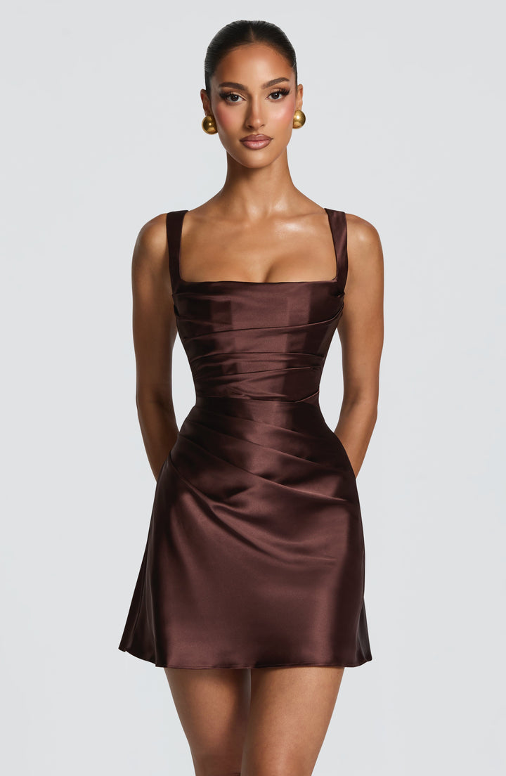 Calanthe | Satin Mini Dress - Plum Brown