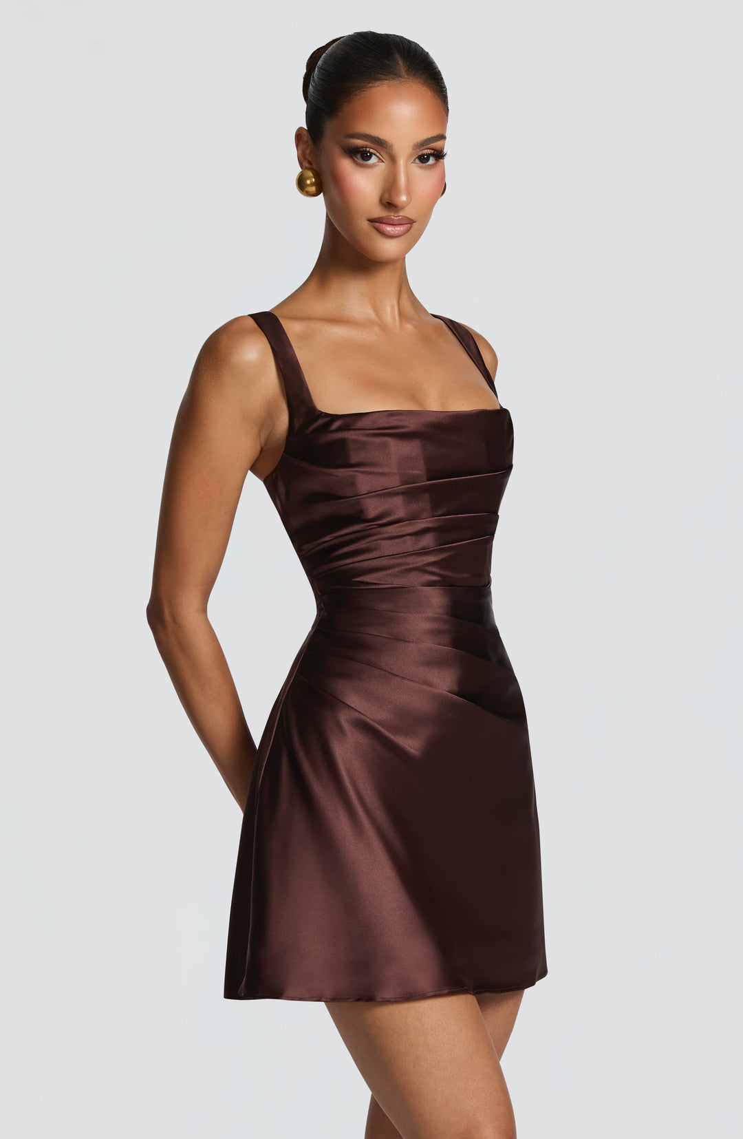 Calanthe | Satin Mini Dress - Plum Brown