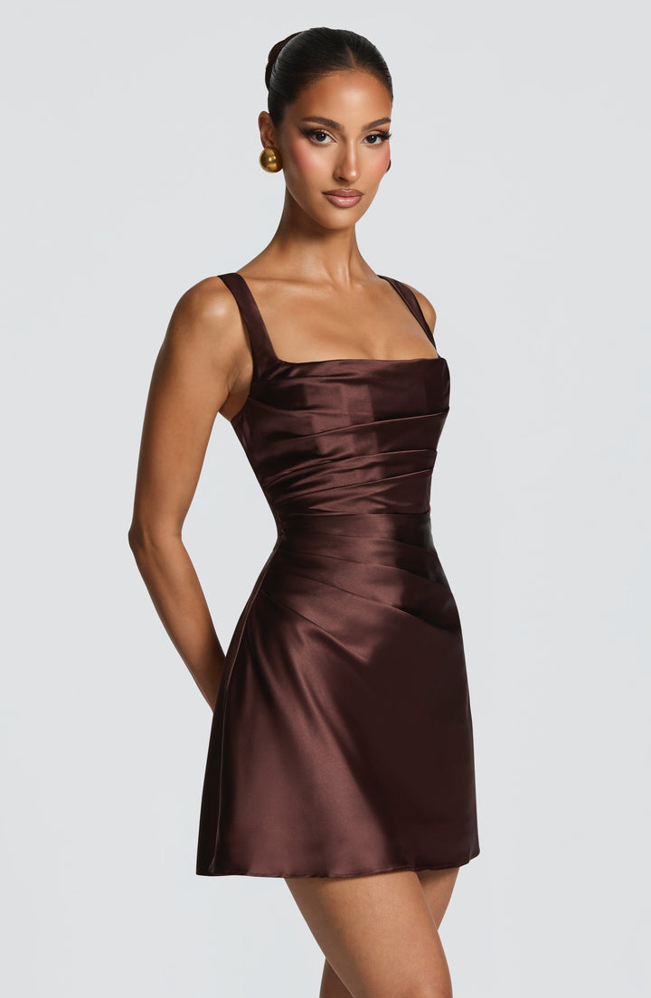 Calanthe | Satin Mini Dress - Plum Brown
