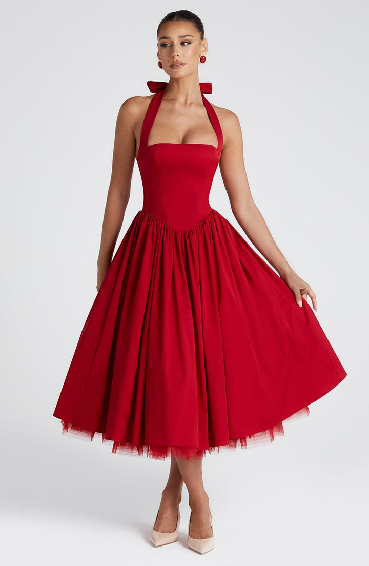 Cressida | Square Hallter Midi Dress - Red