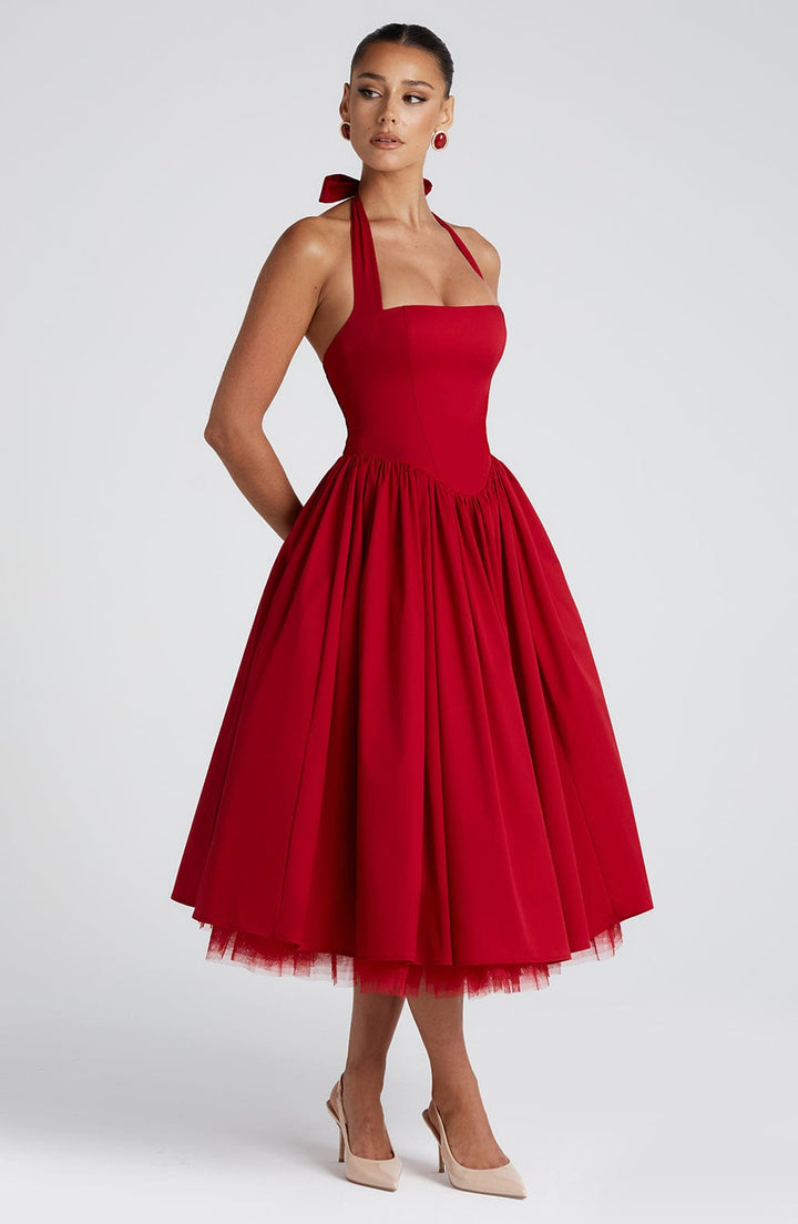 Cressida | Square Hallter Midi Dress - Red