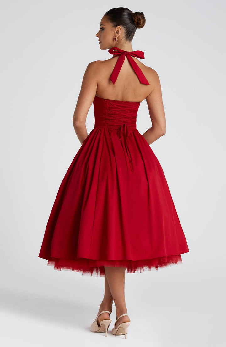 Cressida | Square Hallter Midi Dress - Red