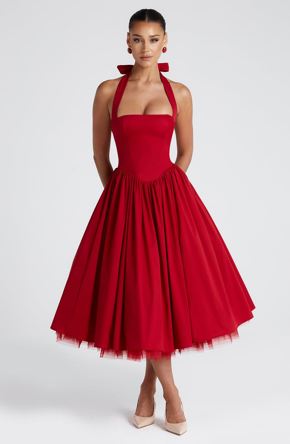 Cressida | Square Hallter Midi Dress - Red