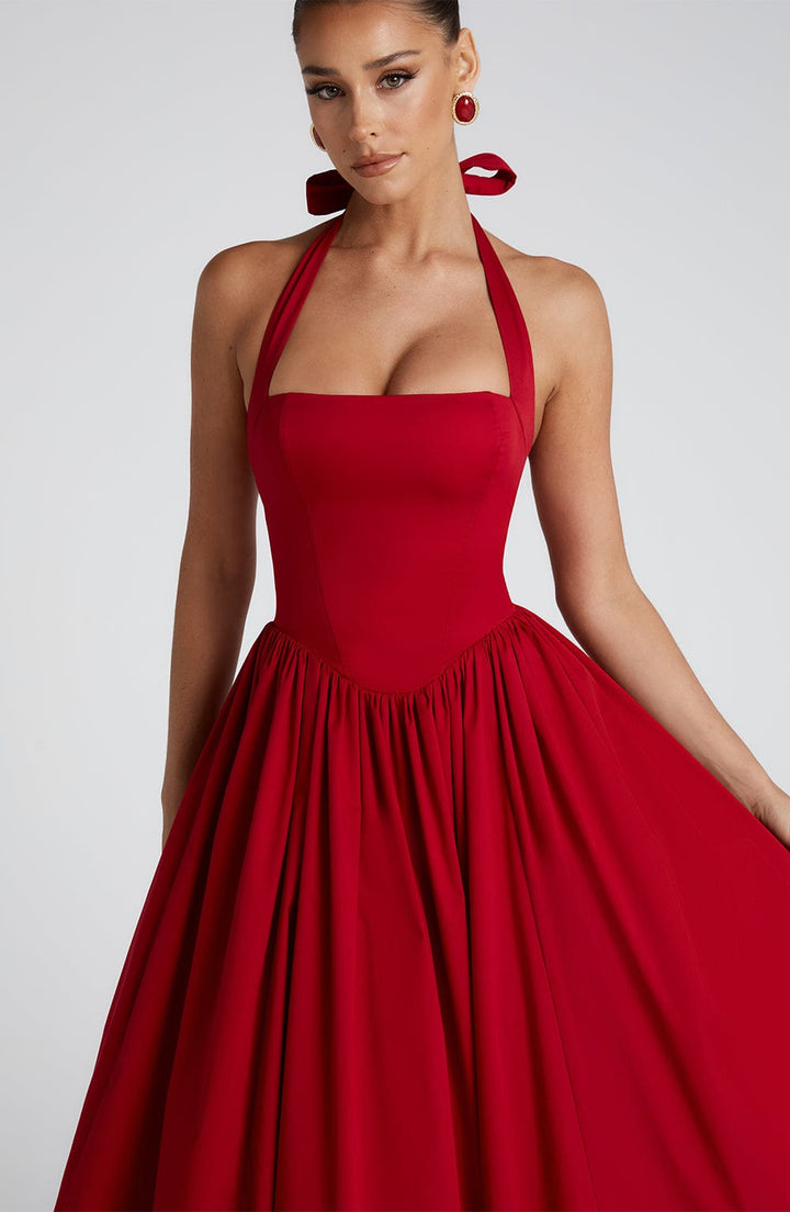 Cressida | Square Hallter Midi Dress - Red