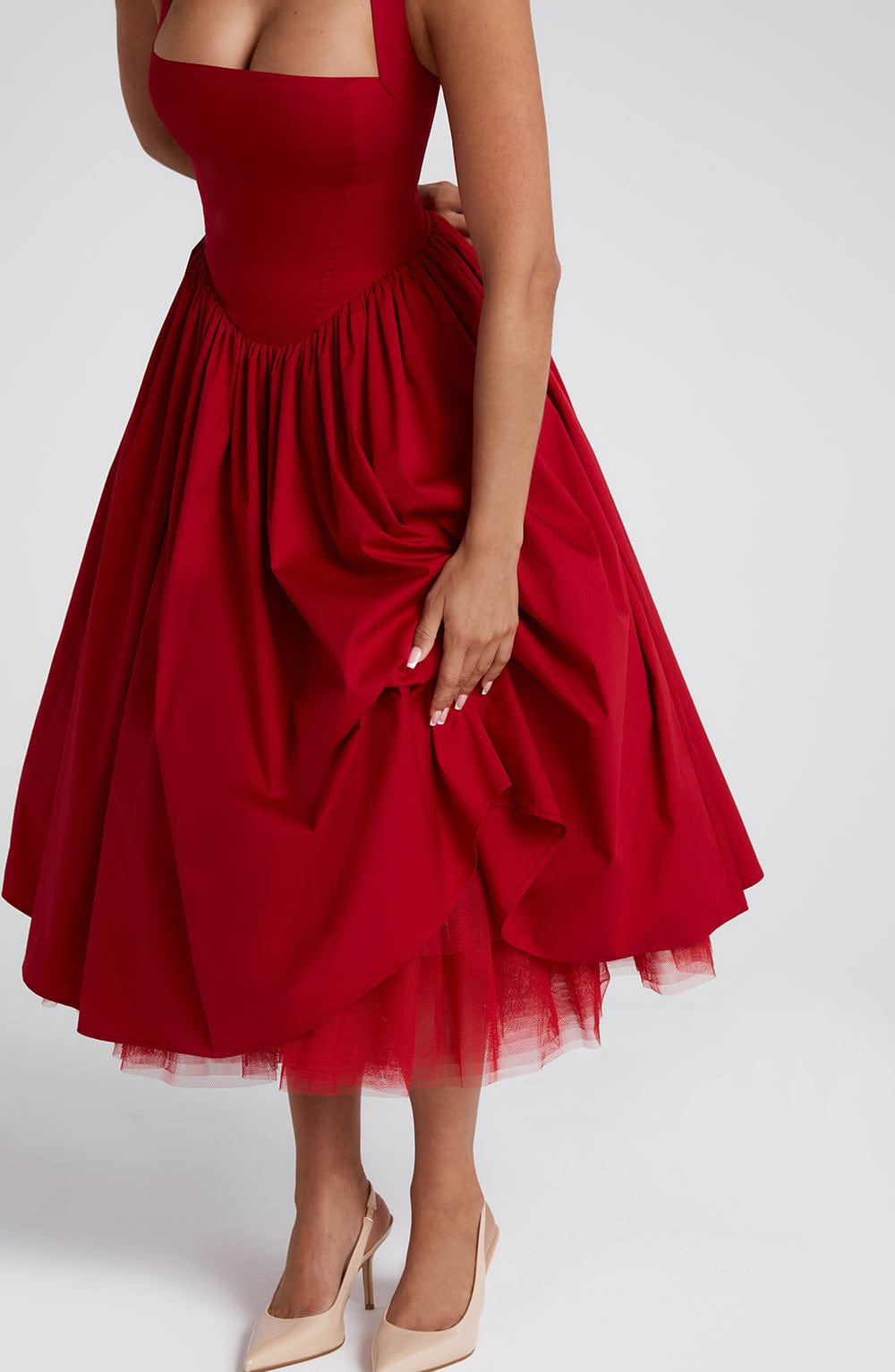 Cressida | Square Hallter Midi Dress - Red