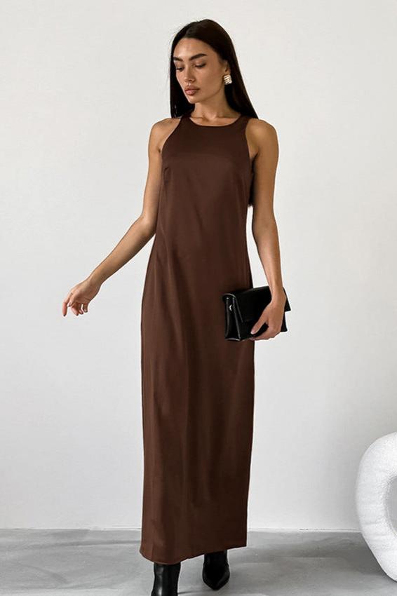 Mocha Essence | Sleeveless Satin Maxi Dress