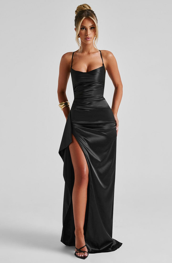 Helen | Satin Maxi Dress - Black