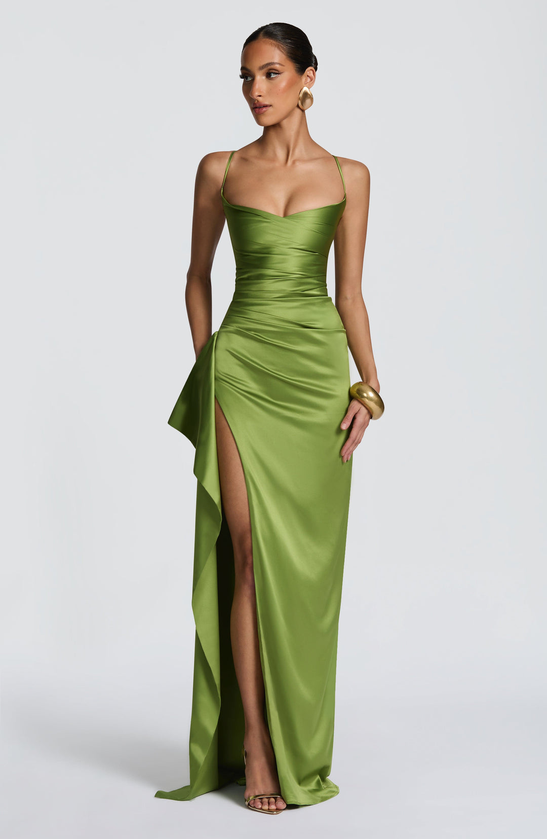 Helen | Satin Maxi Dress - Olive