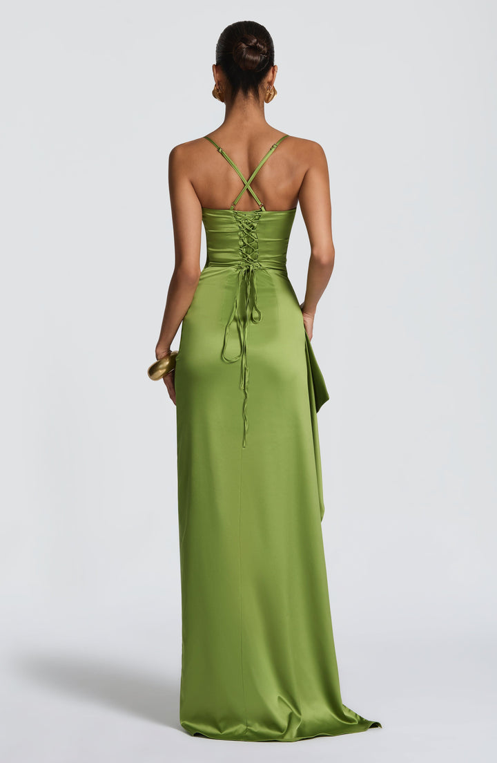 Helen | Satin Maxi Dress - Olive