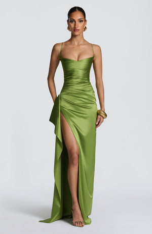 Helen | Satin Maxi Dress - Olive