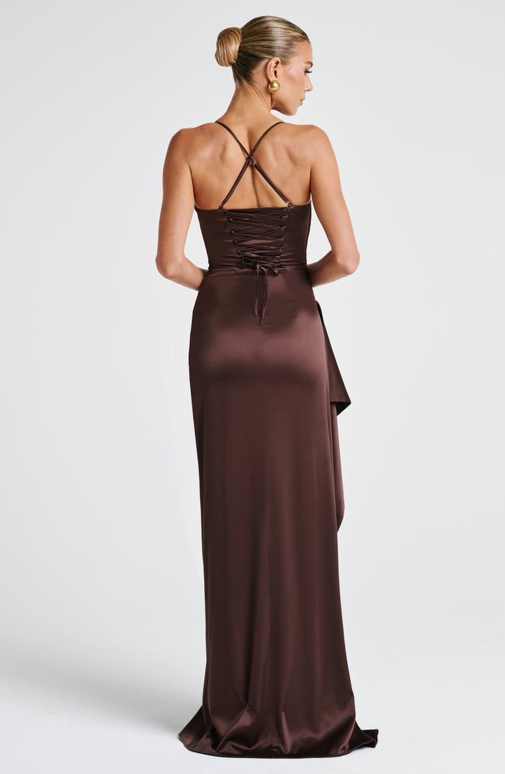 Helen | Satin Maxi Dress - Plum Brown