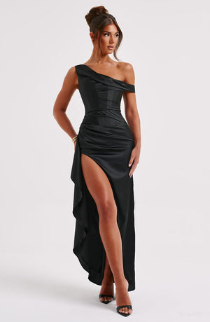 Elyra | Satin Corset Maxi Dress - Black