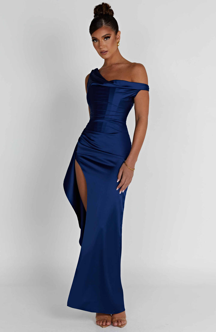 Elyra | Satin Corset Maxi Dress - Navy