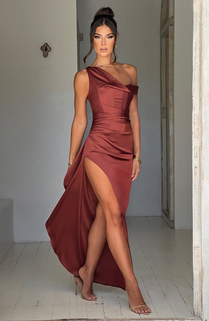 Elyra | Satin Corset Maxi Dress - Rust