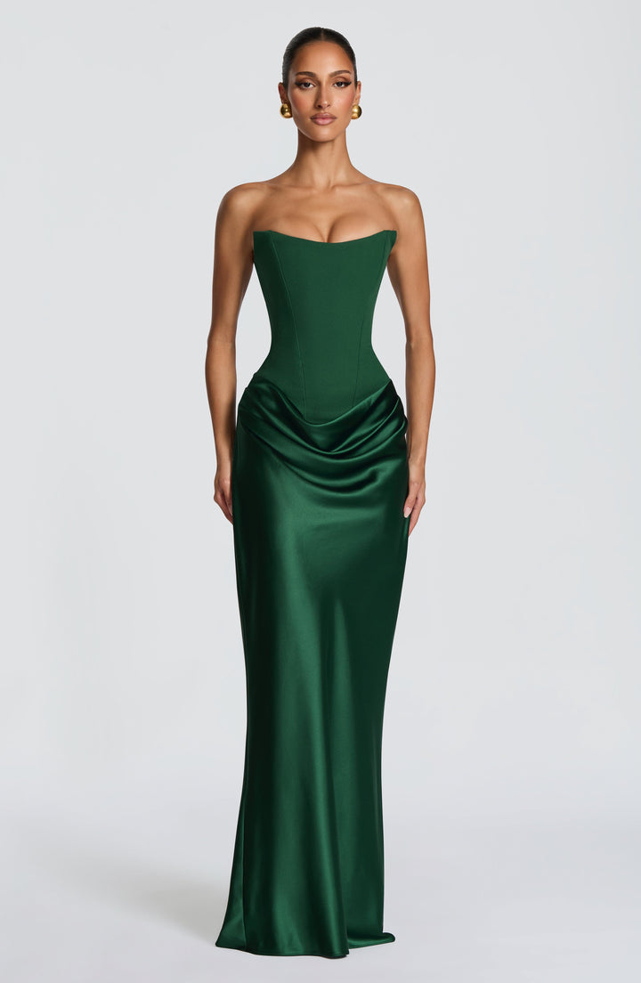 Maggie | Emerald Satin Maxi Dress - Emerald