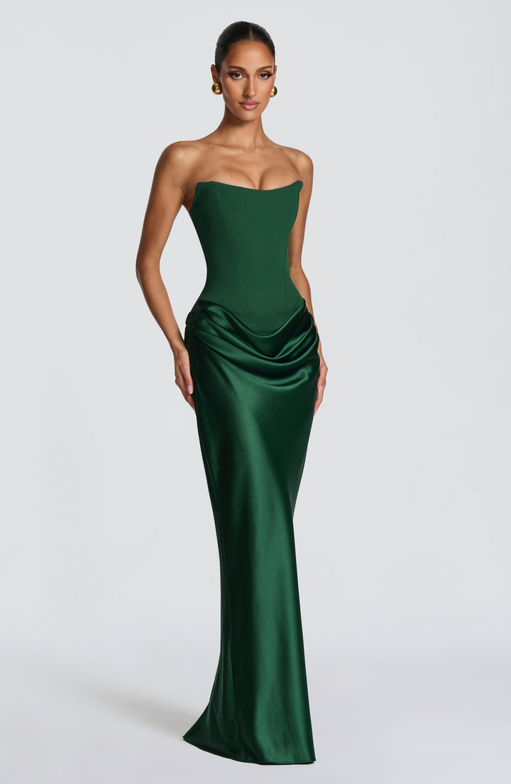 Maggie | Emerald Satin Maxi Dress - Emerald