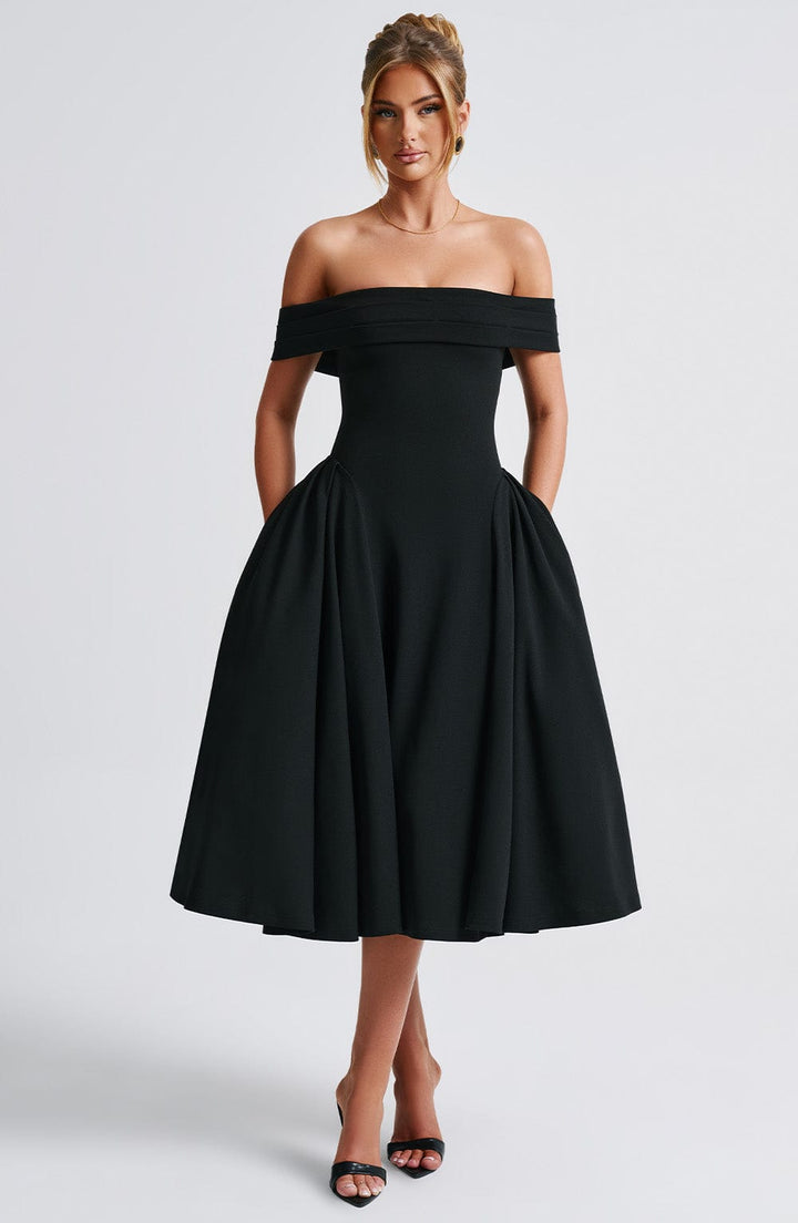 Miranda | Bardot Midi Dress - Black
