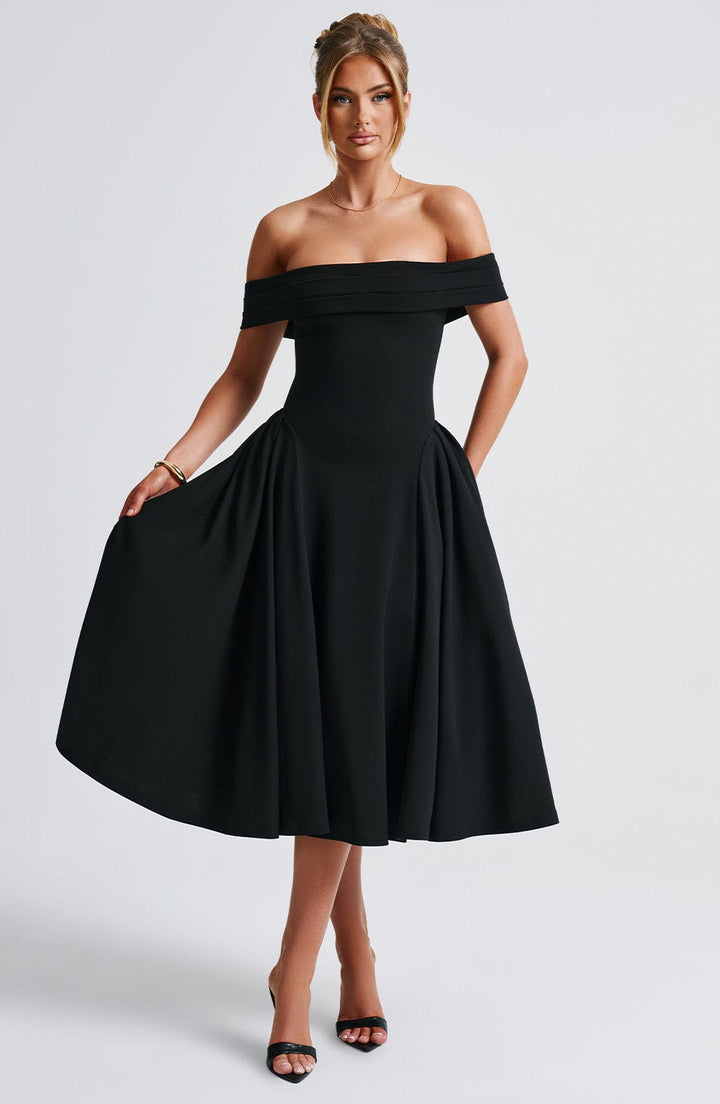 Miranda | Bardot Midi Dress - Black