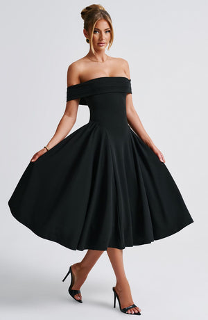 Miranda | Bardot Midi Dress - Black