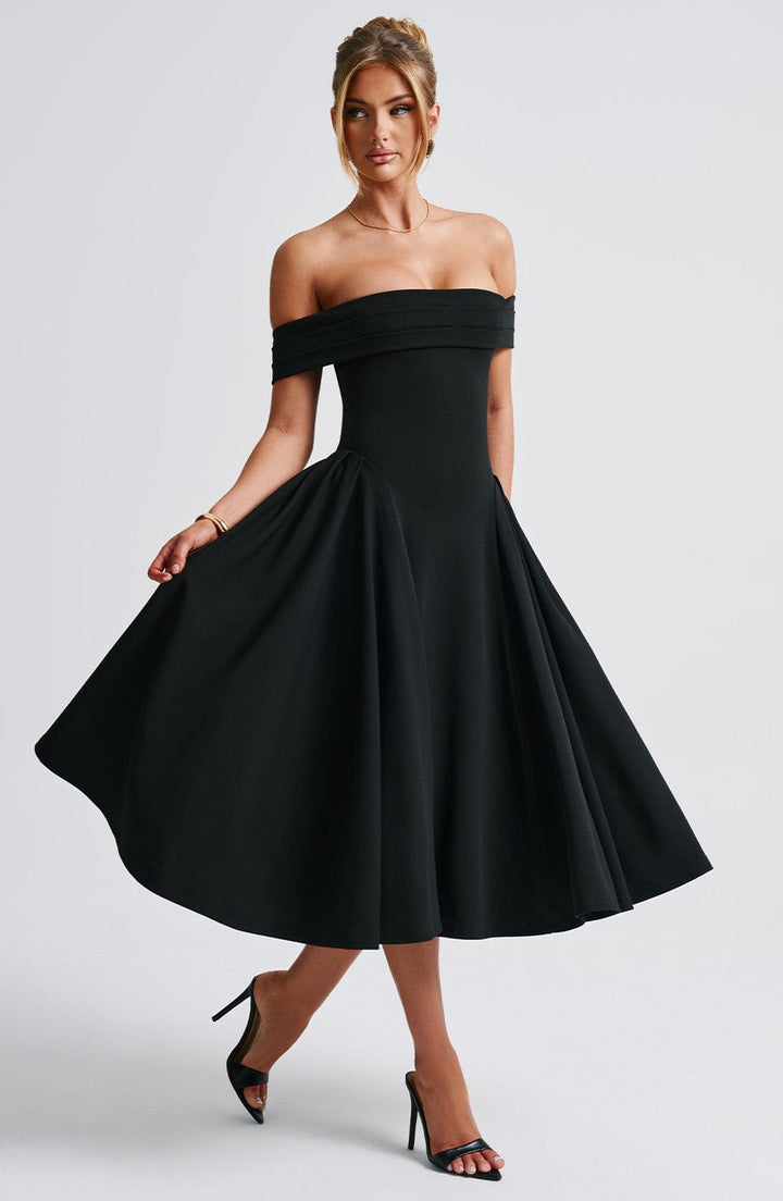 Miranda | Bardot Midi Dress - Black