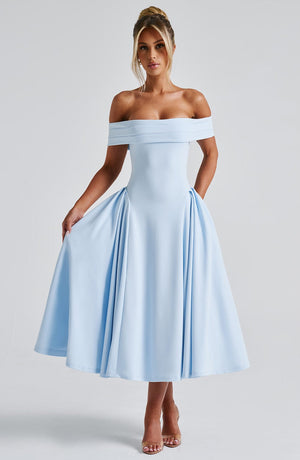Miranda | Bardot Midi Dress - Blue