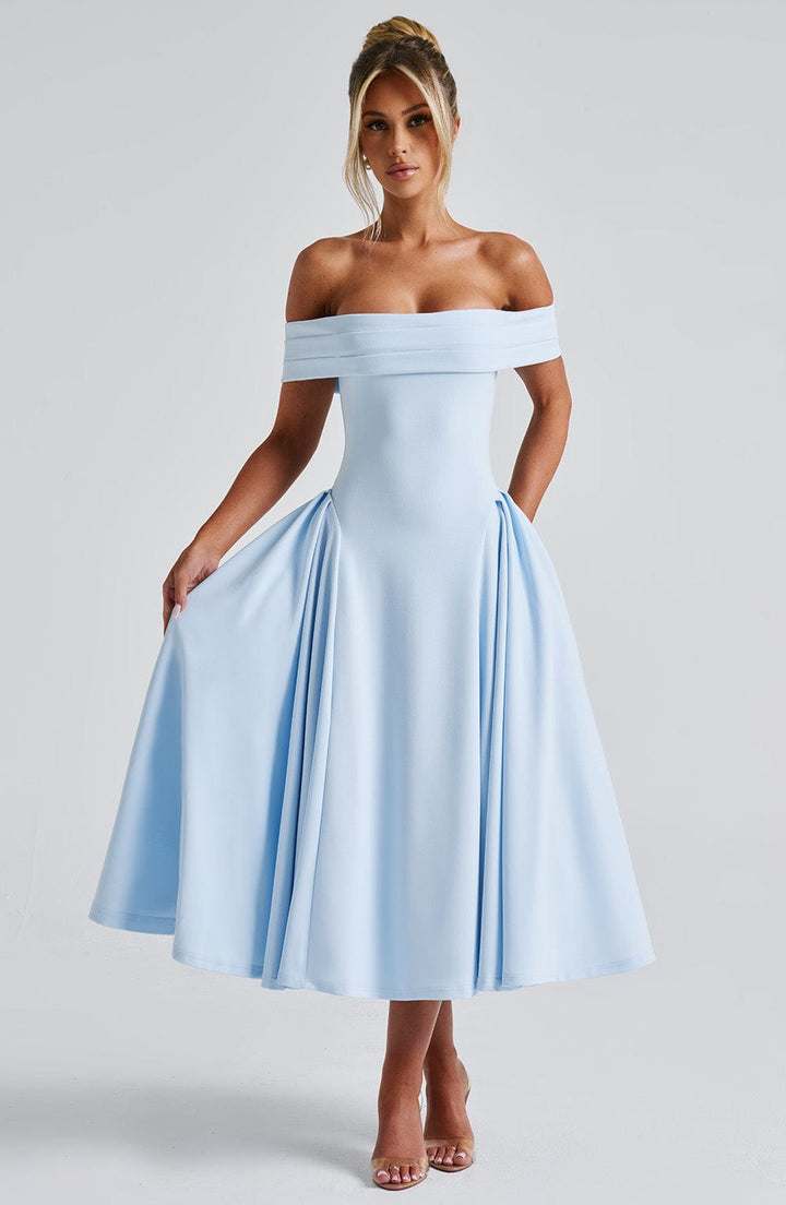 Miranda | Bardot Midi Dress - Blue