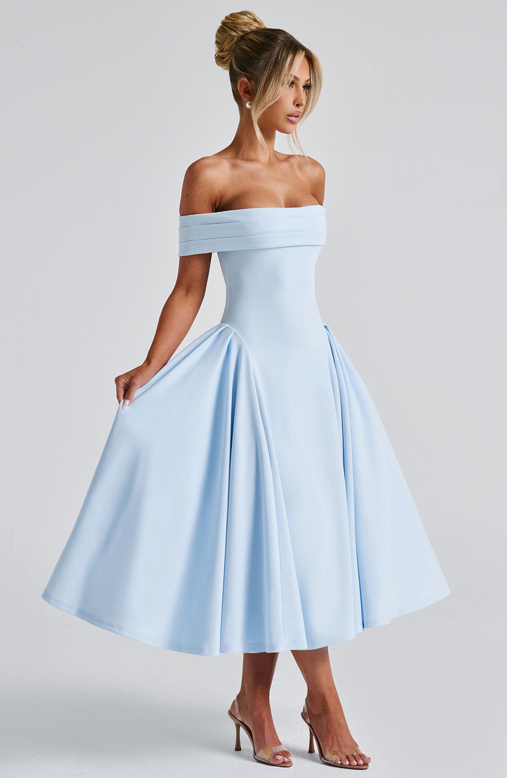 Miranda | Bardot Midi Dress - Blue