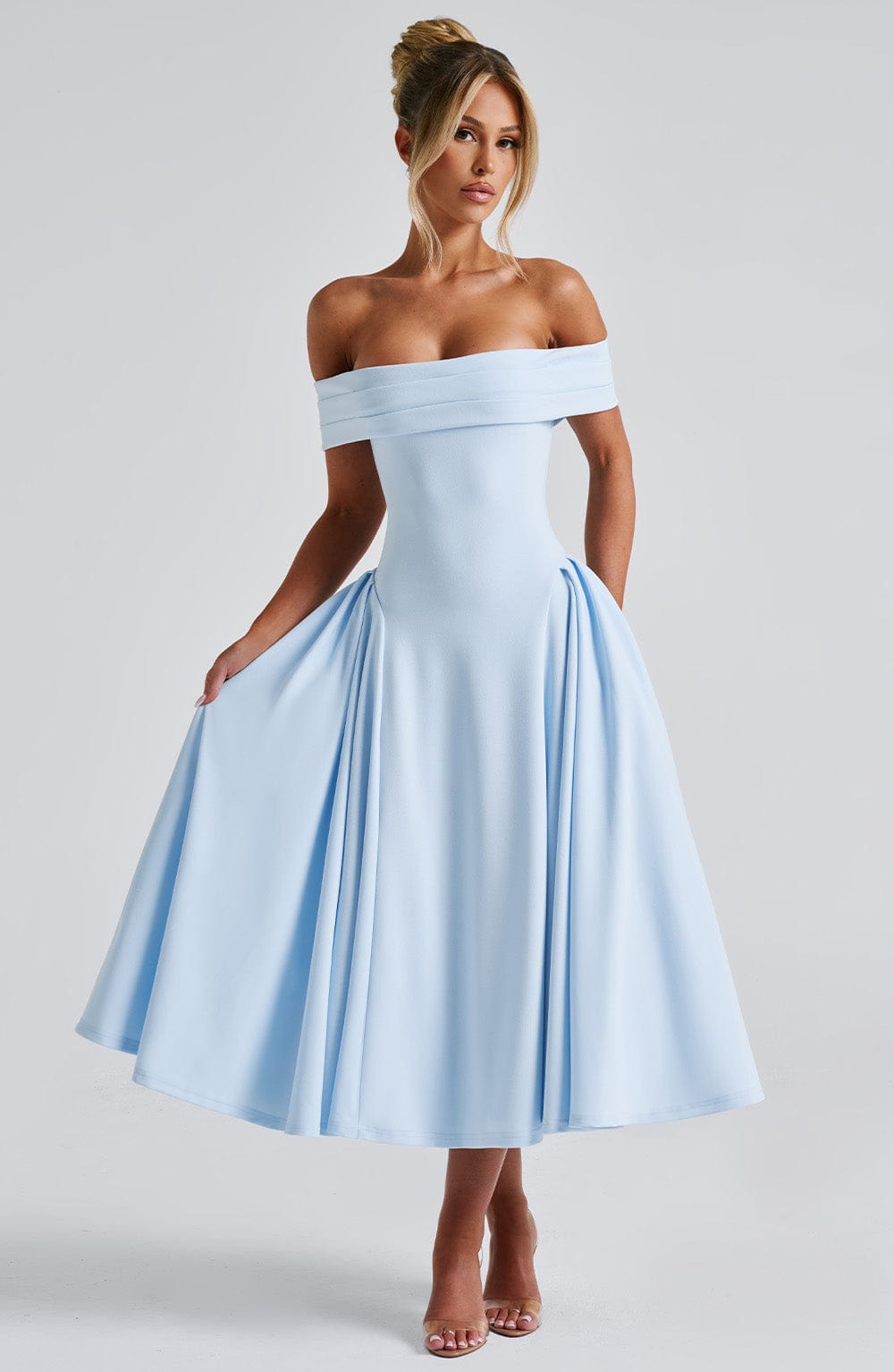 Miranda | Bardot Midi Dress - Blue