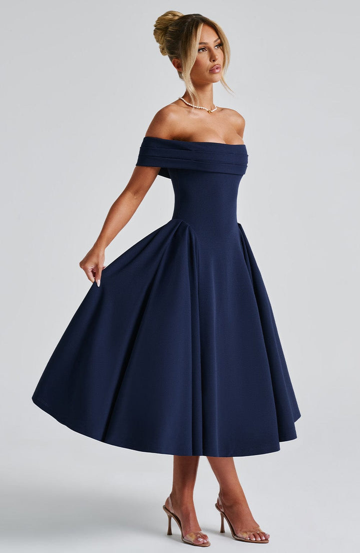 Miranda | Bardot Midi Dress - Navy