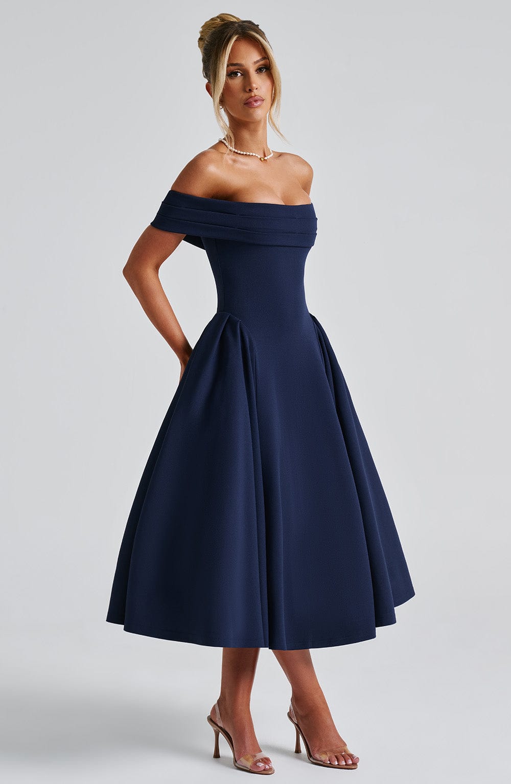 Miranda | Bardot Midi Dress - Navy