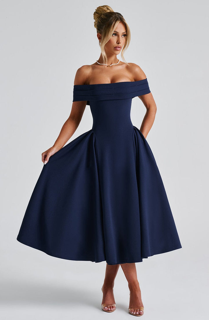 Miranda | Bardot Midi Dress - Navy