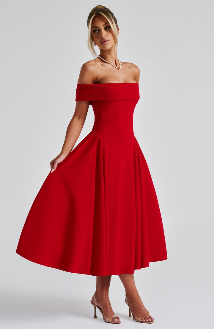Miranda | Bardot Midi Dress - Red