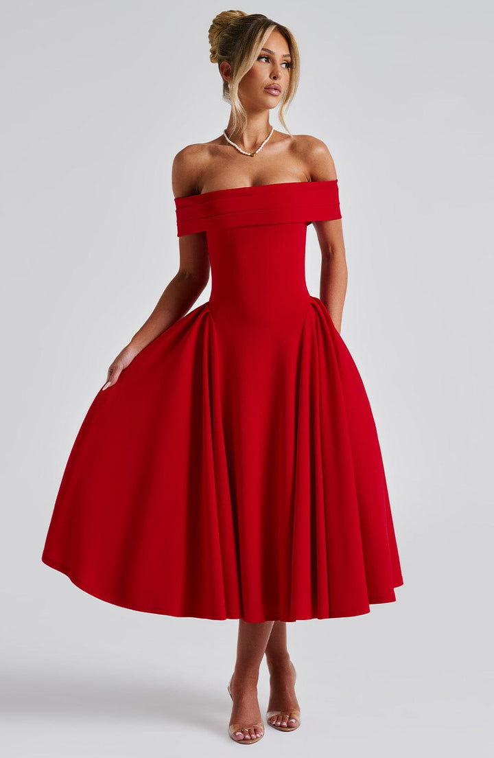 Miranda | Bardot Midi Dress - Red