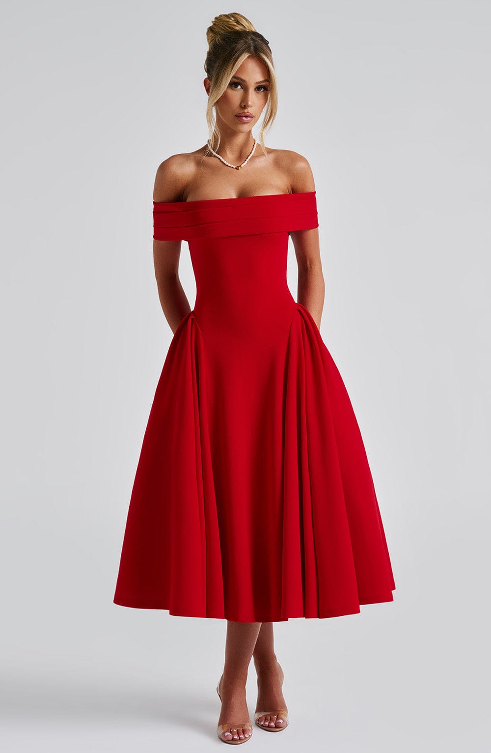 Miranda | Bardot Midi Dress - Red