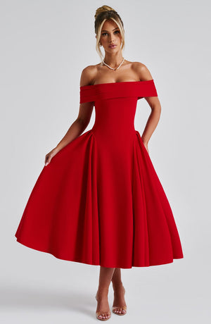 Miranda | Bardot Midi Dress - Red