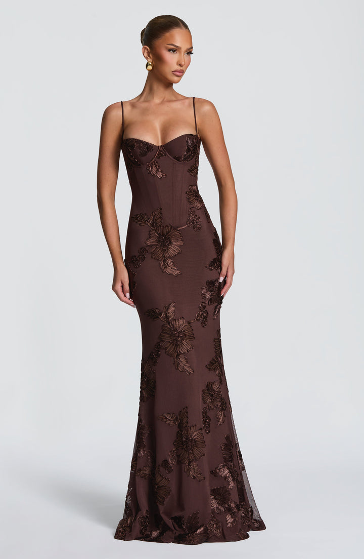 Nefertiti | Lace-Up Maxi Dress - Plum Brown