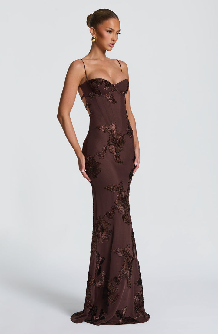 Nefertiti | Lace-Up Maxi Dress - Plum Brown