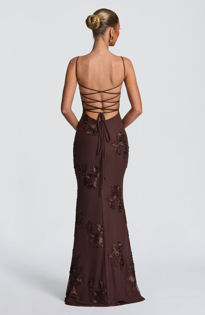 Nefertiti | Lace-Up Maxi Dress - Plum Brown