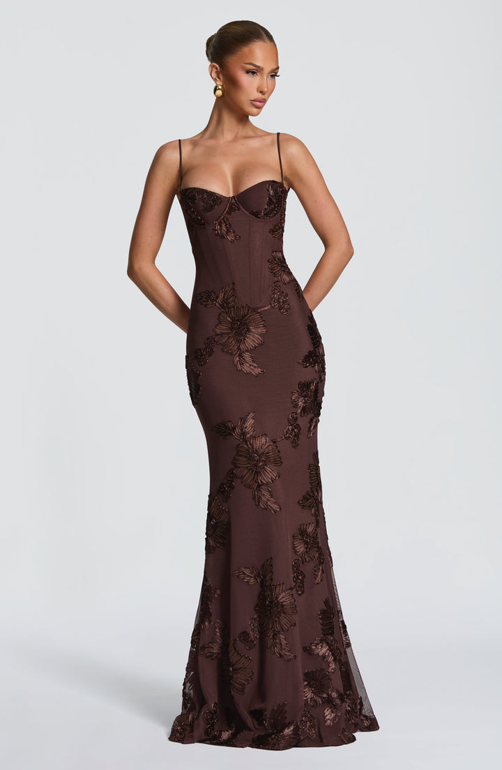 Nefertiti | Lace-Up Maxi Dress - Plum Brown