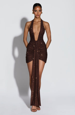Rosetta | Plunge Mini Dress - Plum Brown Sparkle