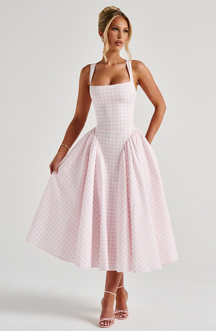 Sherrie | Gingham Midi Dress - Blush