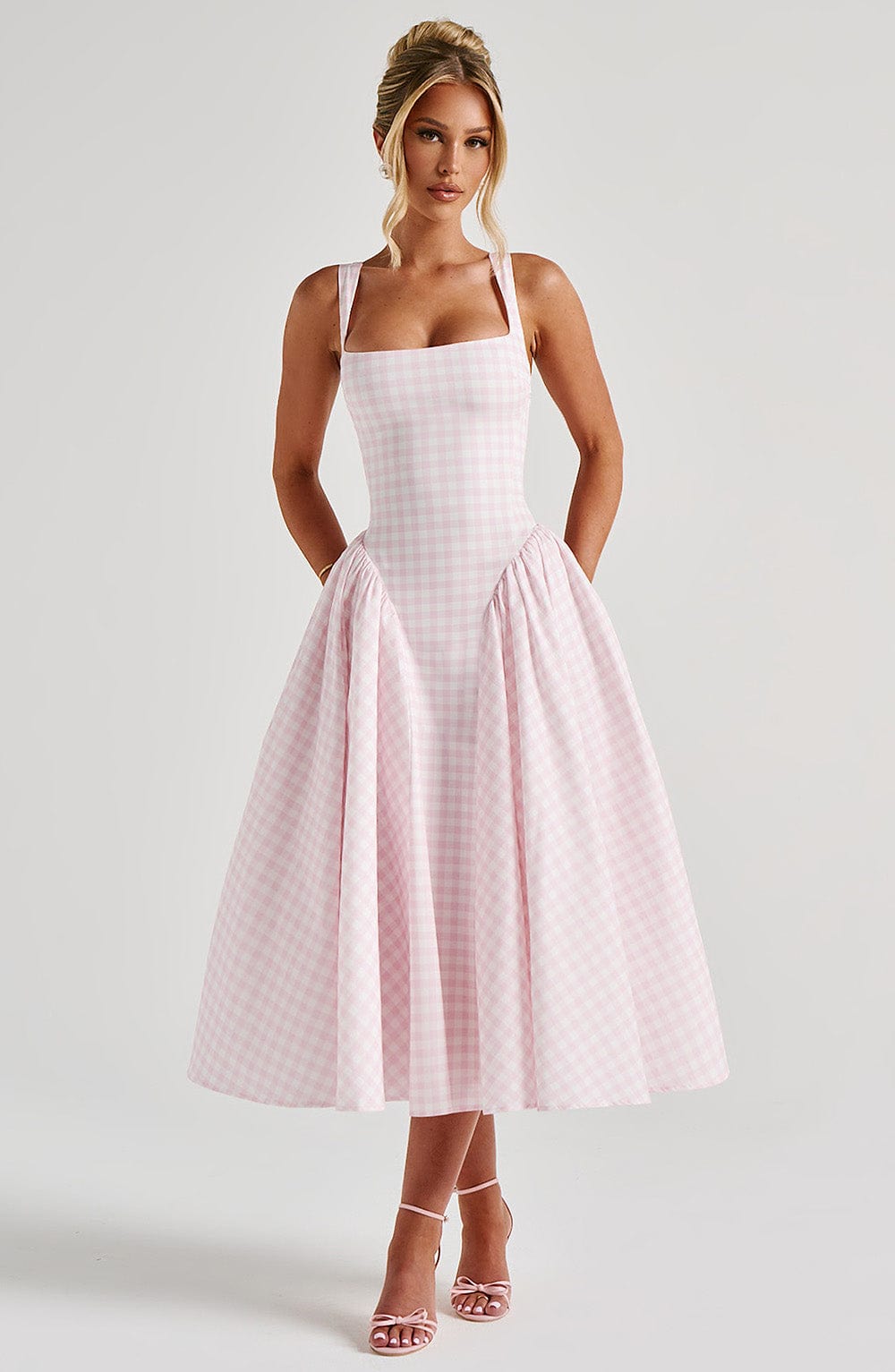 Sherrie | Gingham Midi Dress - Blush