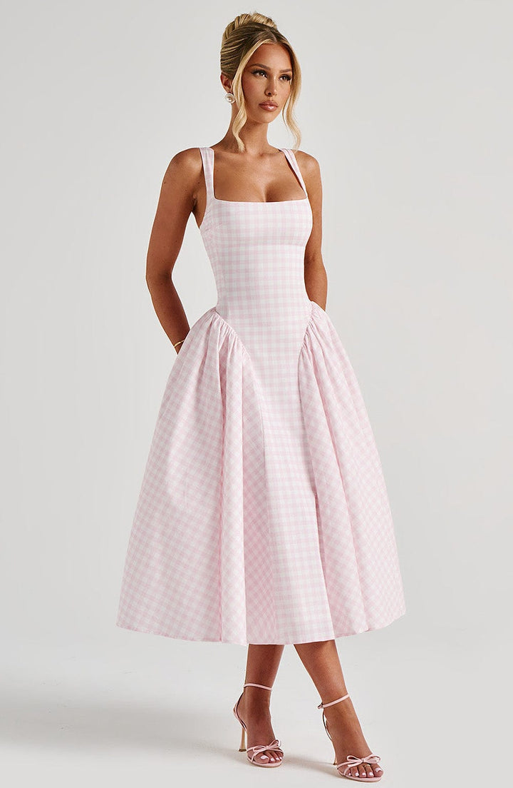 Sherrie | Gingham Midi Dress - Blush