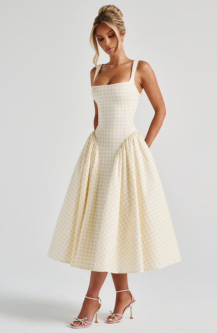 Sherrie | Gingham Midi Dress - Lemon